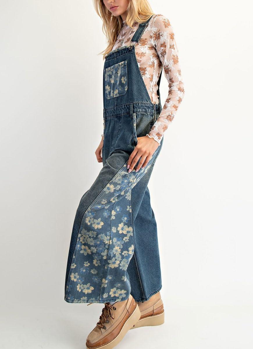 imagechouyatou Womens Loose Adjustable Strap Denim Bib Overall Floral Wide Leg Cropped Jeans JumpsuitBlue