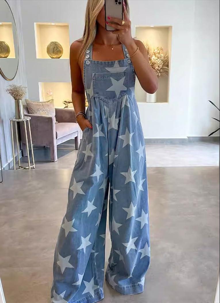 imagechouyatou Womens Loose Adjustable Strap Denim Bib Overalls Stars Print Wide Leg Baggy Long Jeans JumpsuitBlue