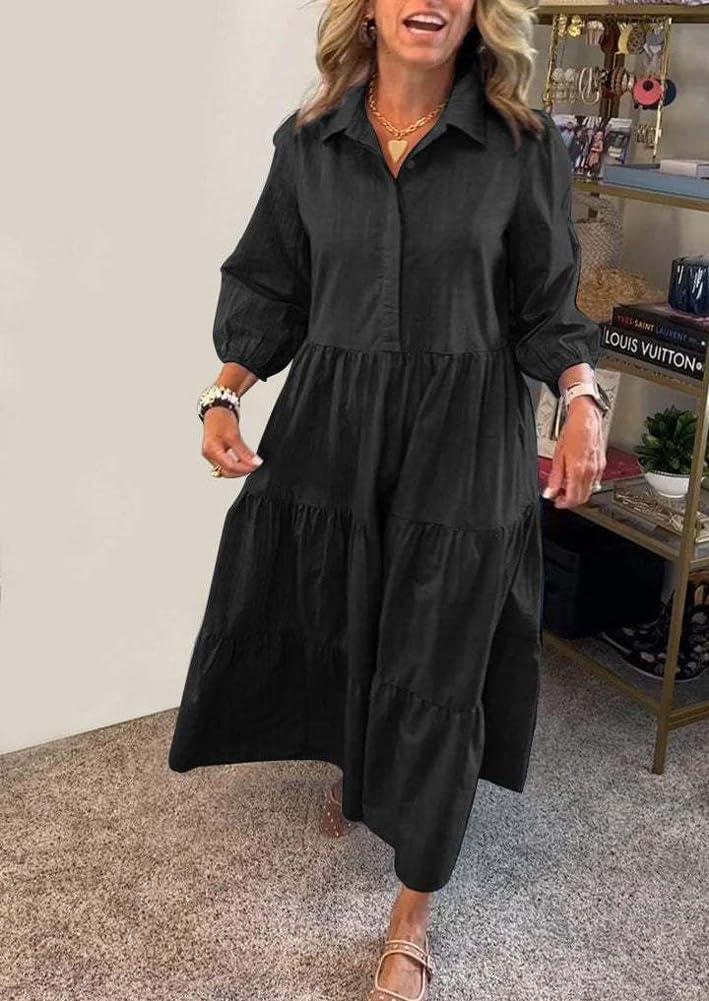 imagechouyatou Womens Loose Fit Puff Sleeve Maxi Tiered Babydoll Dress VNeck Cotton Long Button Down DressBlack
