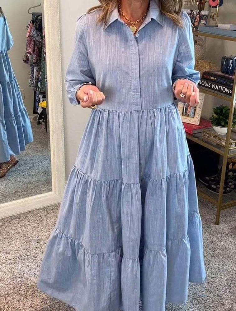 imagechouyatou Womens Loose Fit Puff Sleeve Maxi Tiered Babydoll Dress VNeck Cotton Long Button Down DressBlue