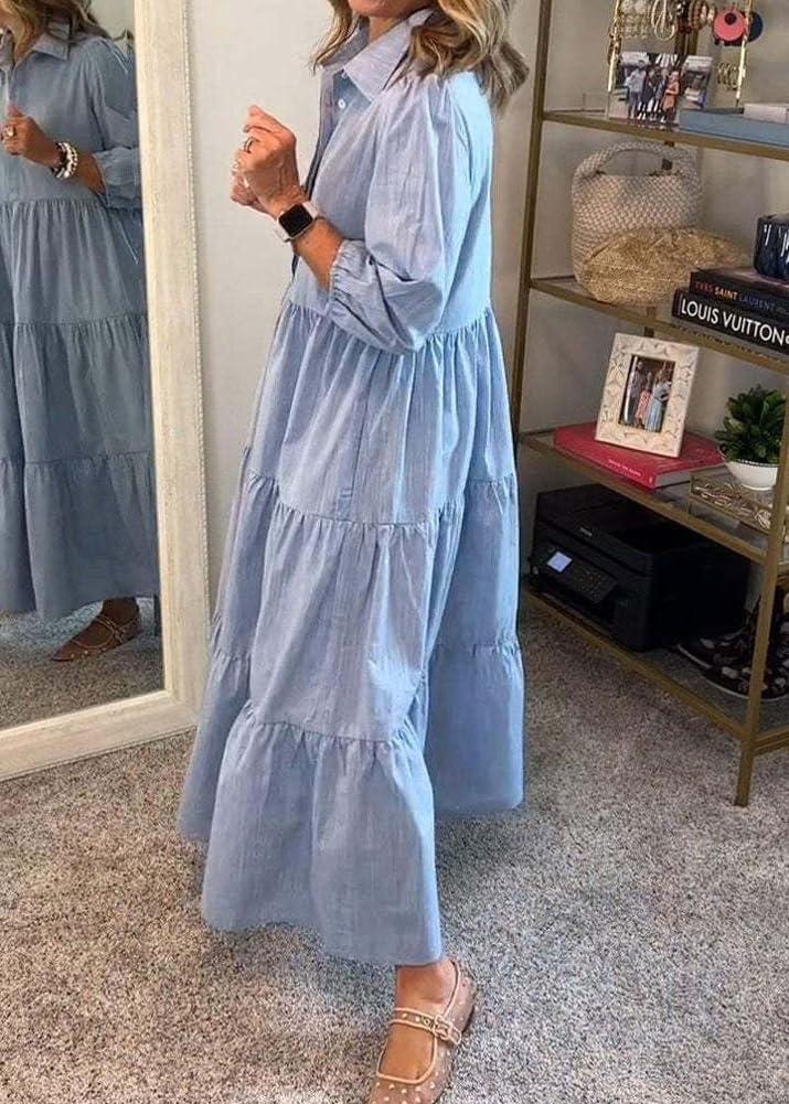 imagechouyatou Womens Loose Fit Puff Sleeve Maxi Tiered Babydoll Dress VNeck Cotton Long Button Down DressBlue