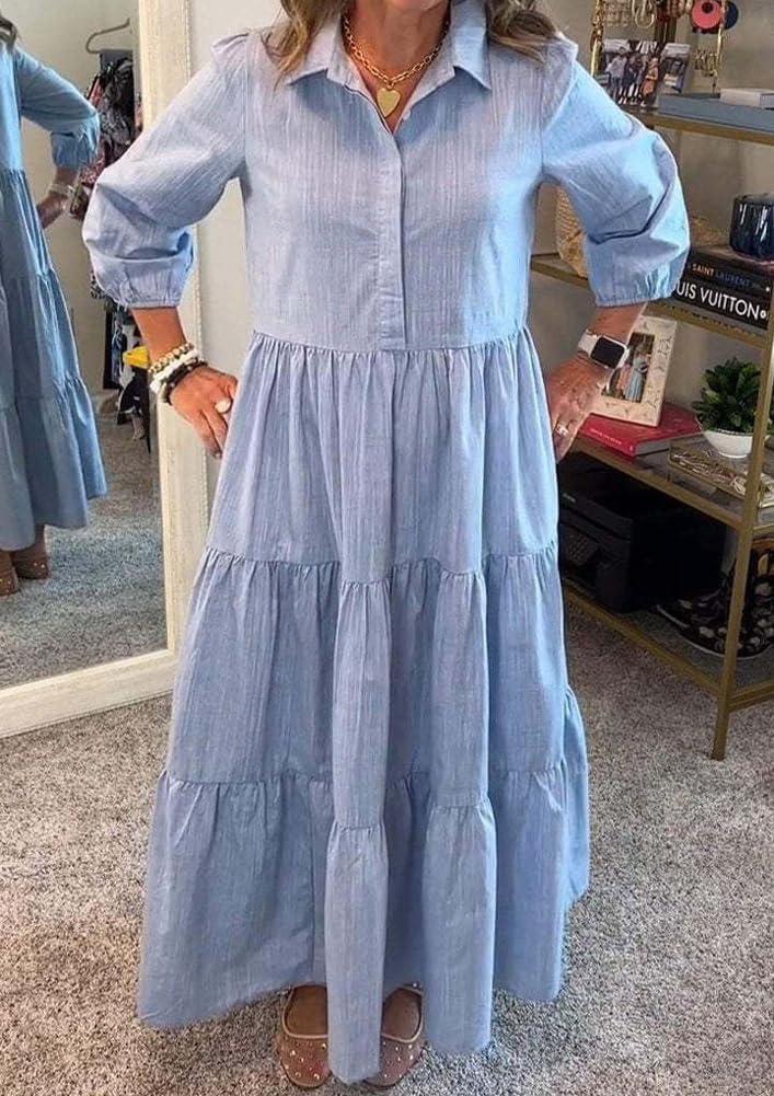 imagechouyatou Womens Loose Fit Puff Sleeve Maxi Tiered Babydoll Dress VNeck Cotton Long Button Down DressBlue