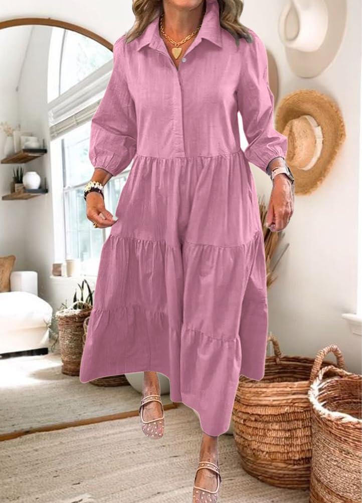 imagechouyatou Womens Loose Fit Puff Sleeve Maxi Tiered Babydoll Dress VNeck Cotton Long Button Down DressPurple