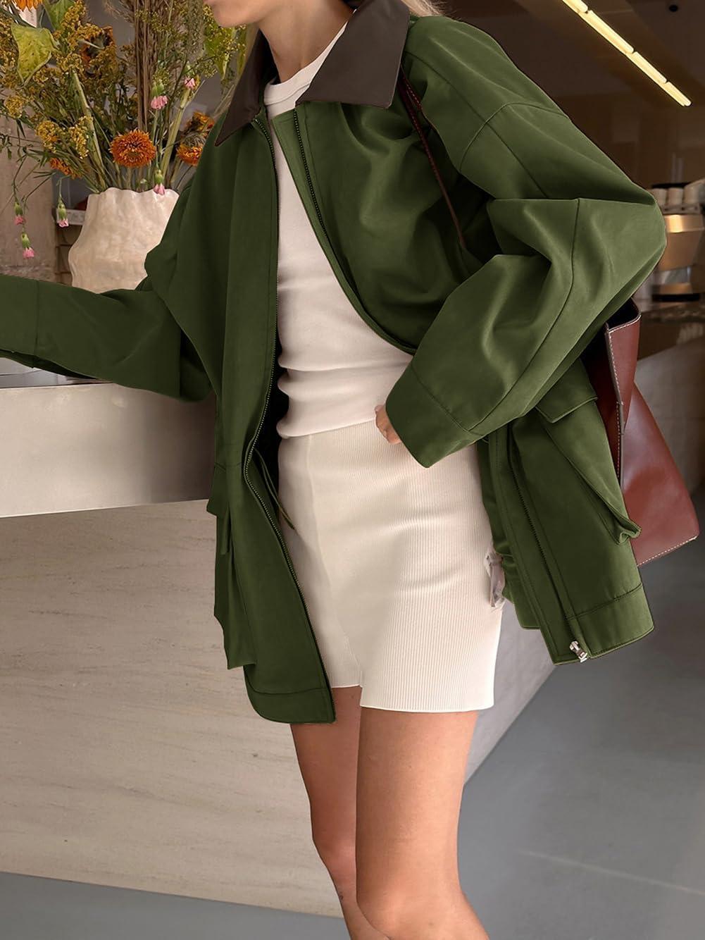 imagechouyatou Womens Oversized Fall Barn Jacket Lightweight Zip Up Cotton Utility Jacket Casual Trench CoatArmy Green