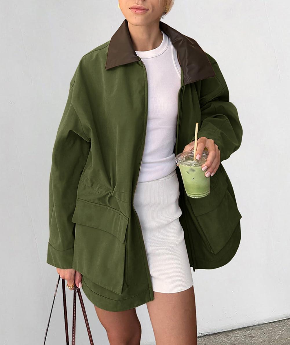 imagechouyatou Womens Oversized Fall Barn Jacket Lightweight Zip Up Cotton Utility Jacket Casual Trench CoatArmy Green