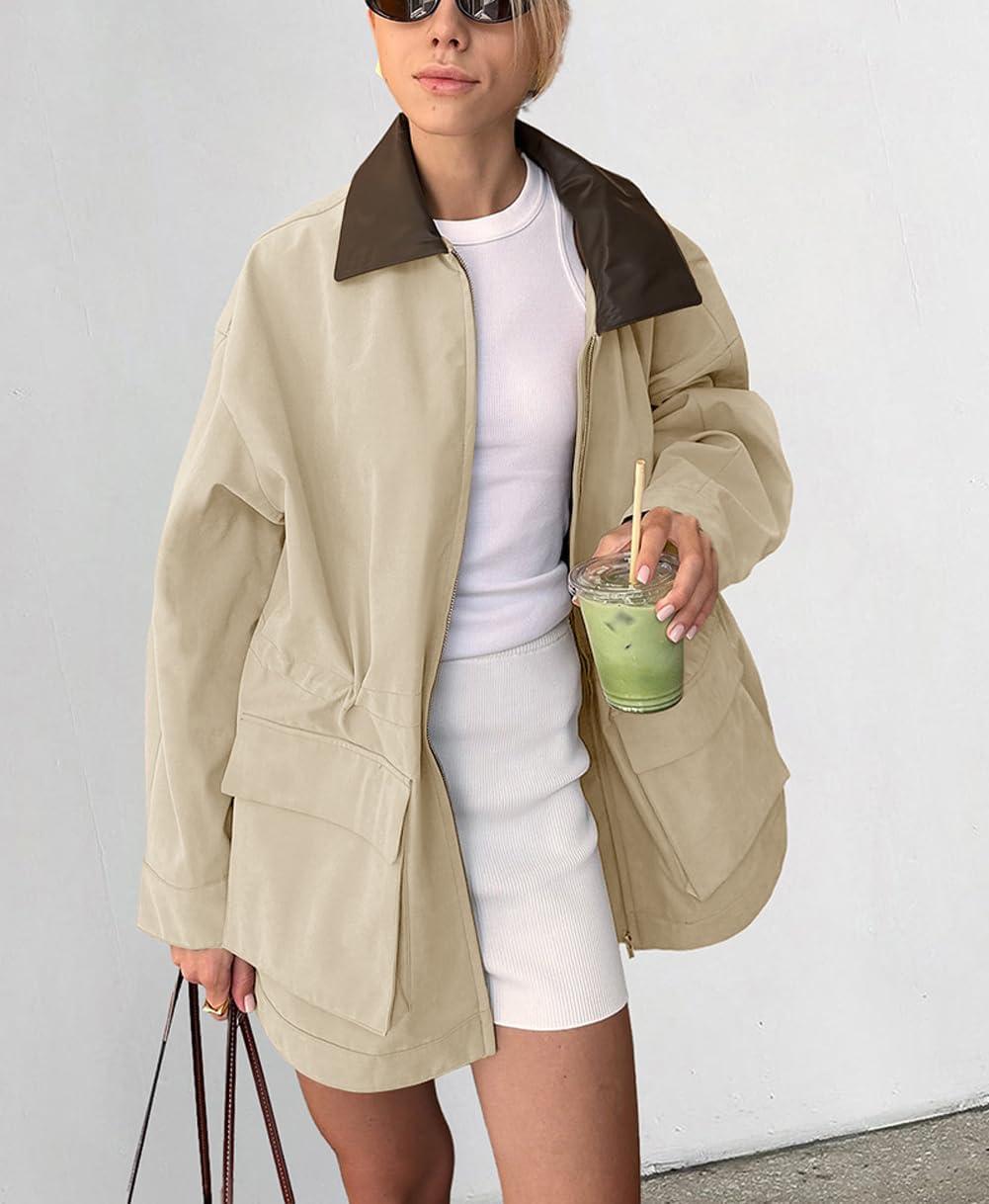 imagechouyatou Womens Oversized Fall Barn Jacket Lightweight Zip Up Cotton Utility Jacket Casual Trench CoatBeige