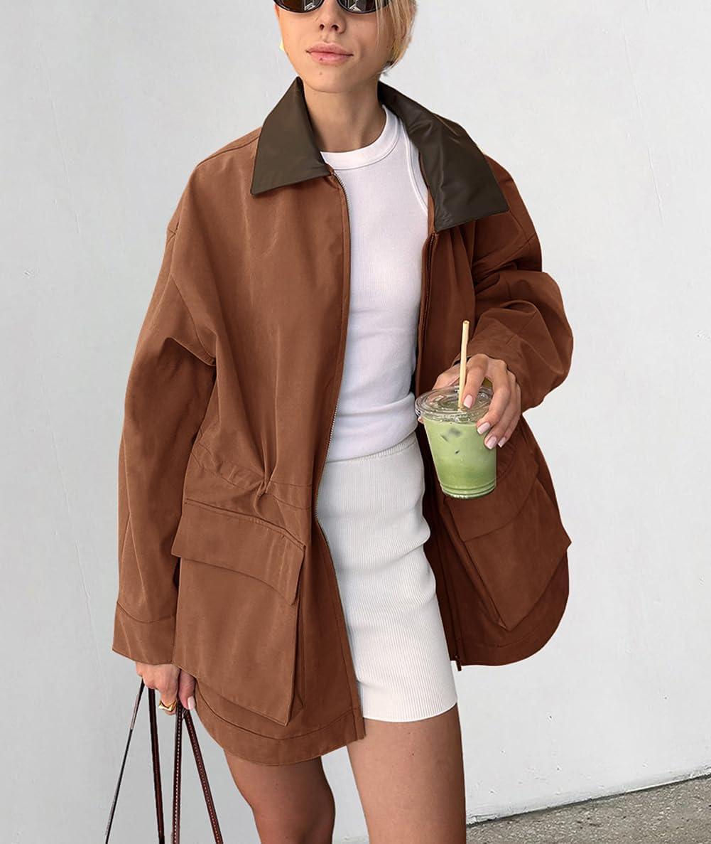 imagechouyatou Womens Oversized Fall Barn Jacket Lightweight Zip Up Cotton Utility Jacket Casual Trench CoatBrown