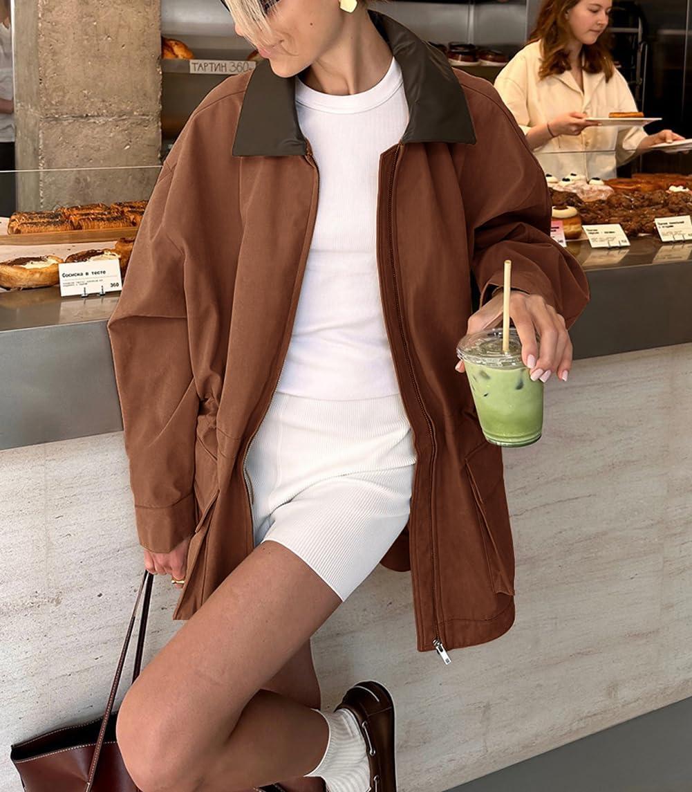 imagechouyatou Womens Oversized Fall Barn Jacket Lightweight Zip Up Cotton Utility Jacket Casual Trench CoatBrown