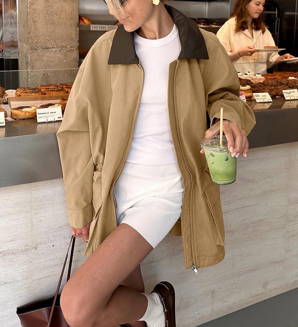 imagechouyatou Womens Oversized Fall Barn Jacket Lightweight Zip Up Cotton Utility Jacket Casual Trench CoatKhaki