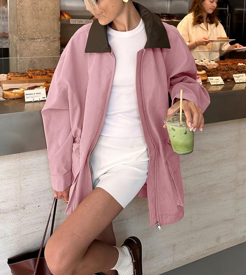 imagechouyatou Womens Oversized Fall Barn Jacket Lightweight Zip Up Cotton Utility Jacket Casual Trench CoatPink