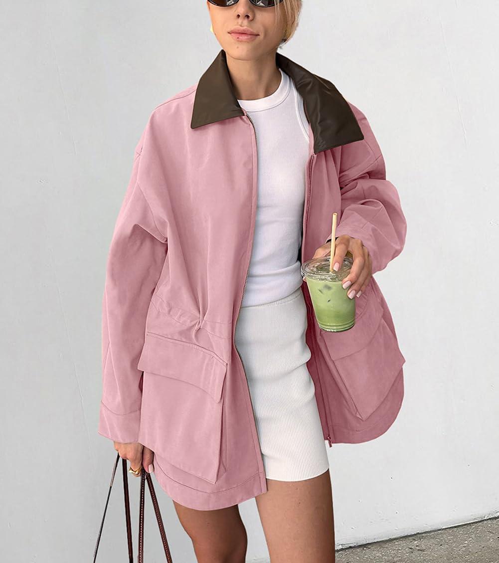 imagechouyatou Womens Oversized Fall Barn Jacket Lightweight Zip Up Cotton Utility Jacket Casual Trench CoatPink