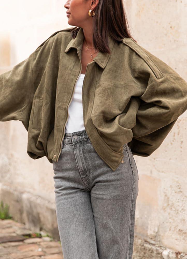 imagechouyatou Womens Oversized Faux Leather Suede Bomber Jacket Boyfriend Motorcycle Zip Up Jacket ShacketsArmy Green