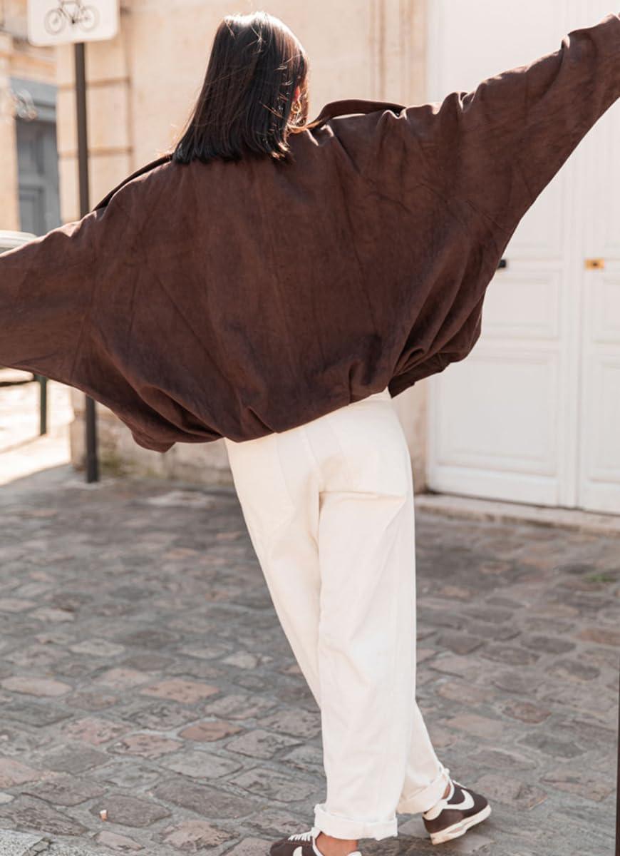 imagechouyatou Womens Oversized Faux Leather Suede Bomber Jacket Boyfriend Motorcycle Zip Up Jacket ShacketsCoffee