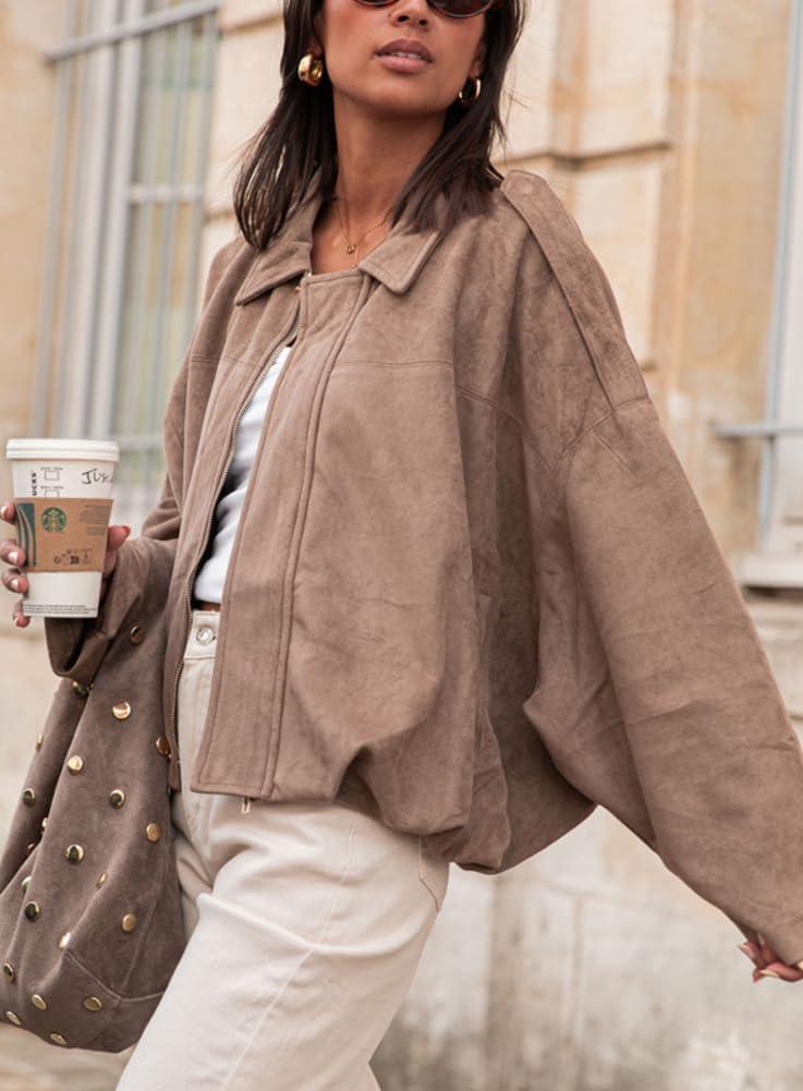 imagechouyatou Womens Oversized Faux Leather Suede Bomber Jacket Boyfriend Motorcycle Zip Up Jacket ShacketsKhaki