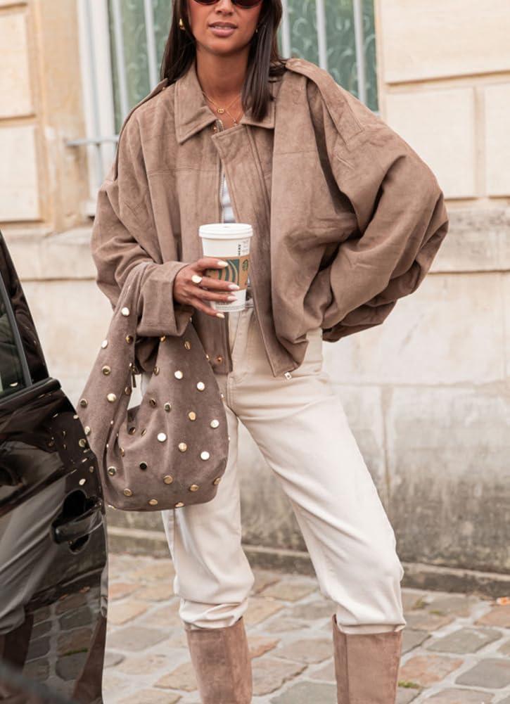 imagechouyatou Womens Oversized Faux Leather Suede Bomber Jacket Boyfriend Motorcycle Zip Up Jacket ShacketsKhaki