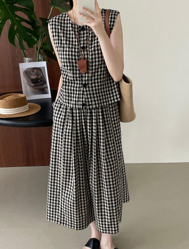 imagechouyatou Womens Plaid 2 Piece Outfits Button Down Crop Tank Top and Pleated Pocket Long Skirt Matching SetBlack