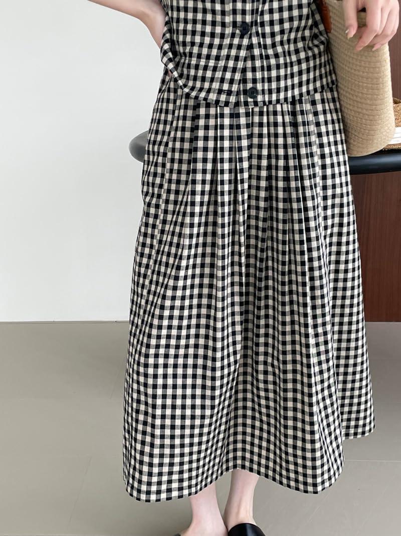 imagechouyatou Womens Plaid 2 Piece Outfits Button Down Crop Tank Top and Pleated Pocket Long Skirt Matching SetBlack
