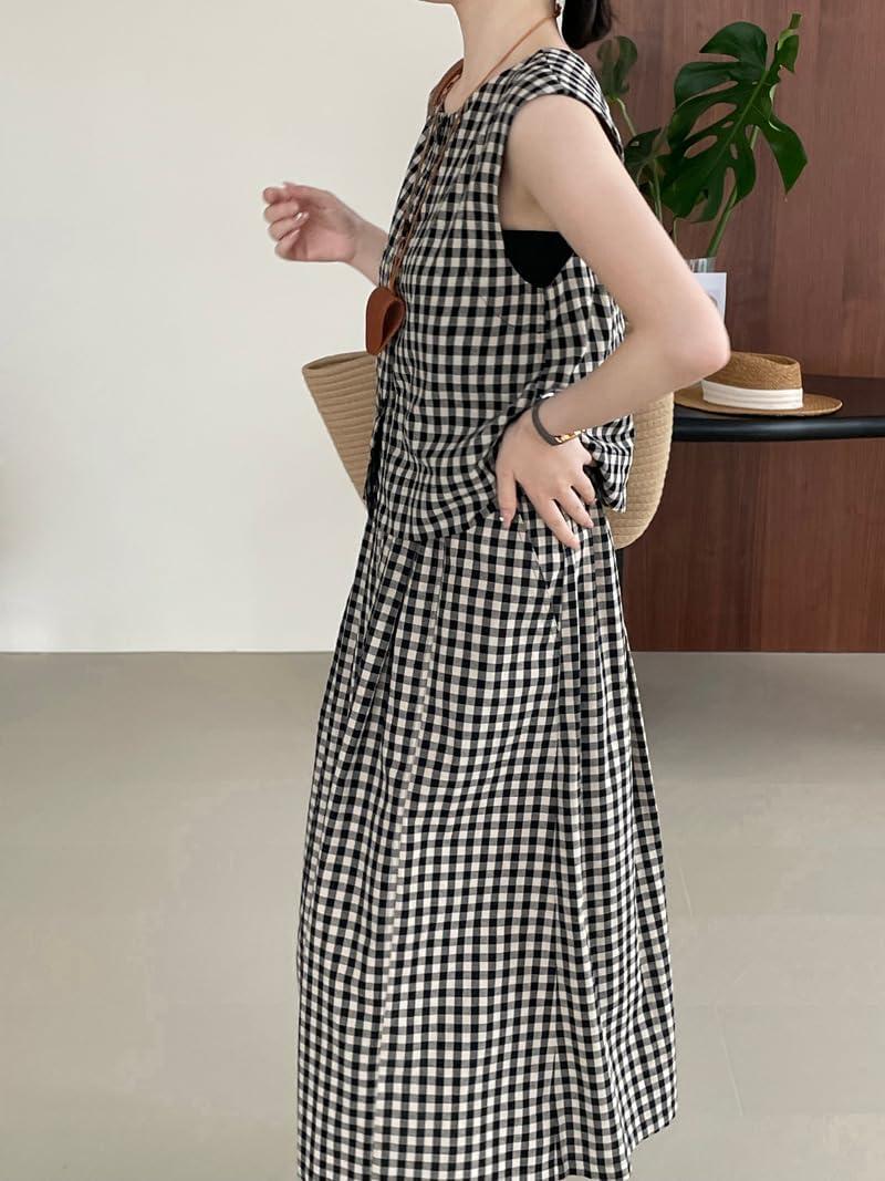 imagechouyatou Womens Plaid 2 Piece Outfits Button Down Crop Tank Top and Pleated Pocket Long Skirt Matching SetBlack