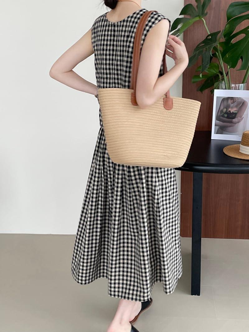 imagechouyatou Womens Plaid 2 Piece Outfits Button Down Crop Tank Top and Pleated Pocket Long Skirt Matching SetBlack