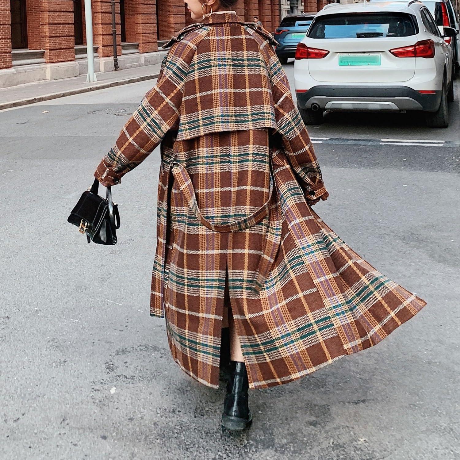 imagechouyatou Womens Plaid Button Down Wool Coat Notch Lapel Overcoat Winter Long Trench Coat with BeltBrown Red