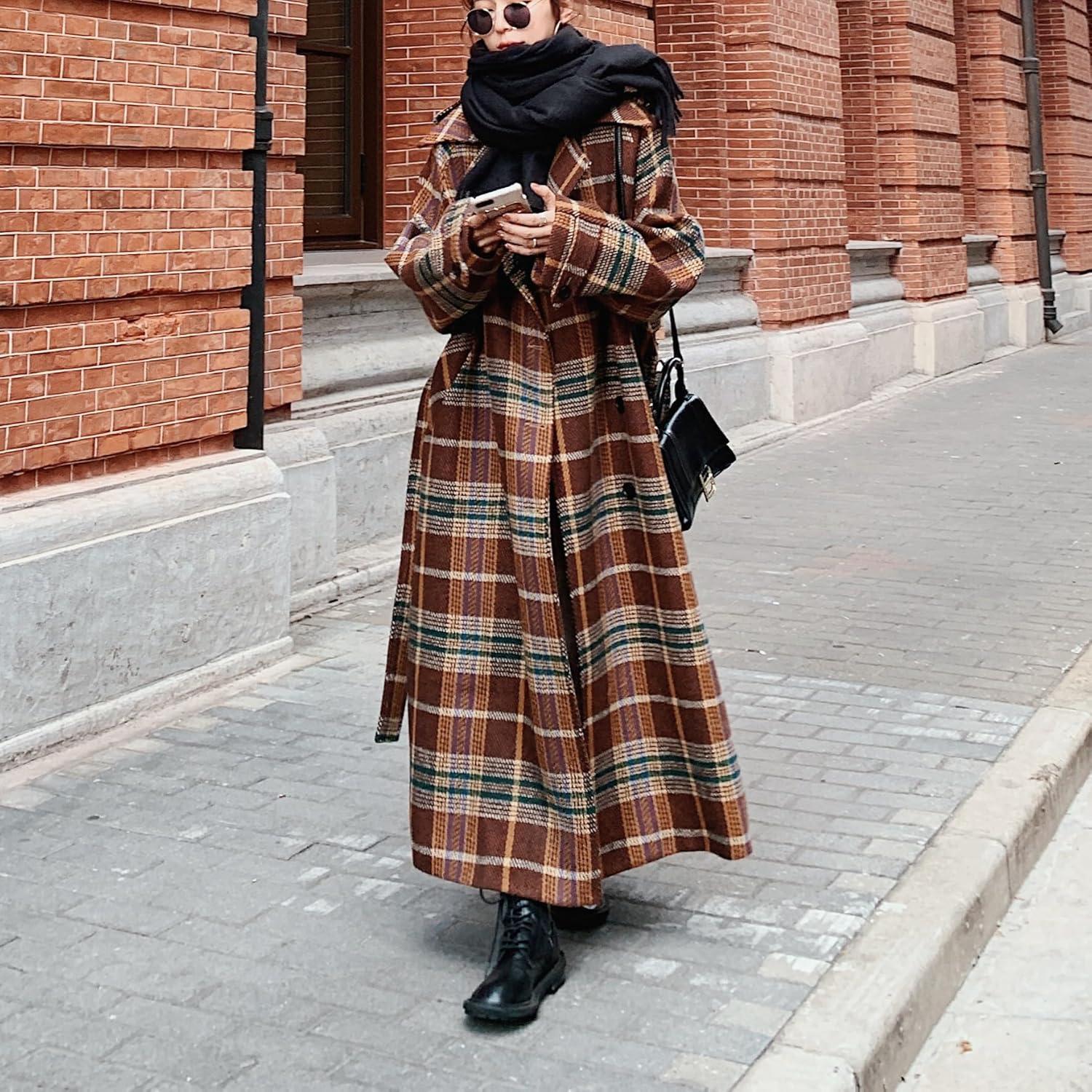 imagechouyatou Womens Plaid Button Down Wool Coat Notch Lapel Overcoat Winter Long Trench Coat with BeltBrown Red