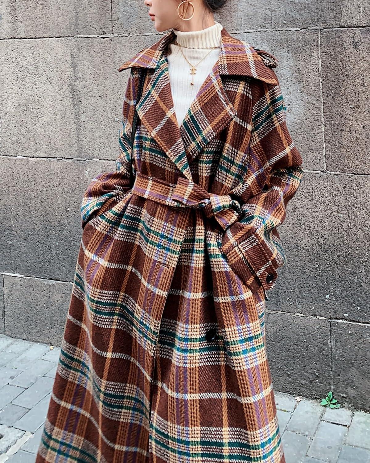 imagechouyatou Womens Plaid Button Down Wool Coat Notch Lapel Overcoat Winter Long Trench Coat with BeltBrown Red