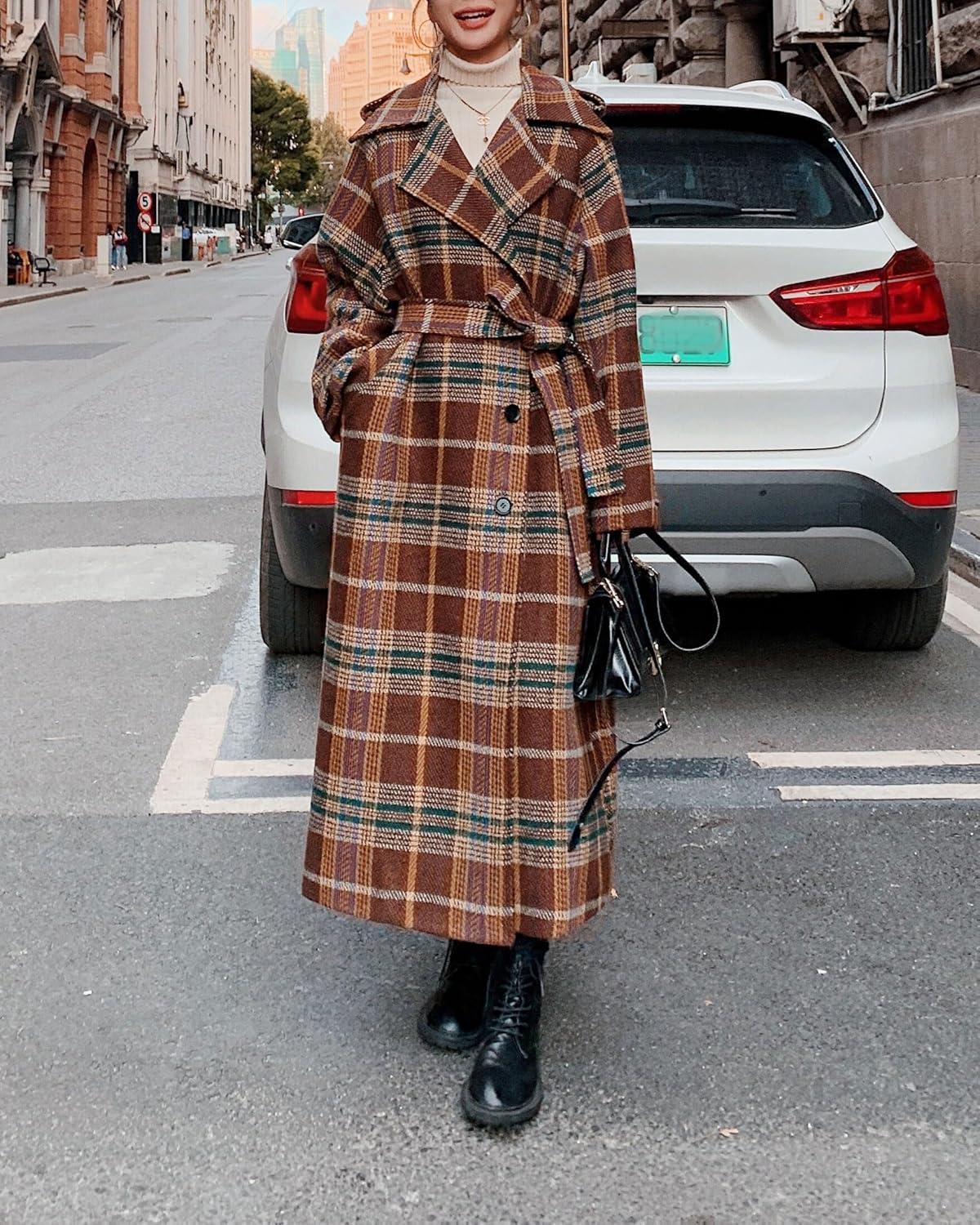 imagechouyatou Womens Plaid Button Down Wool Coat Notch Lapel Overcoat Winter Long Trench Coat with BeltBrown Red