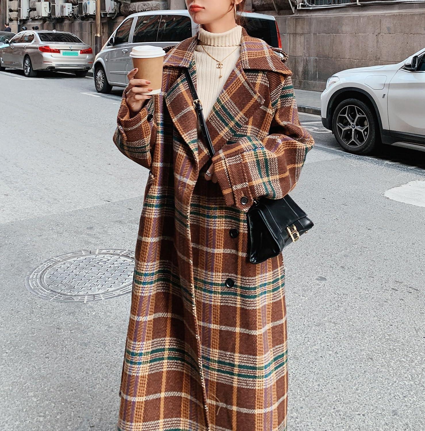 imagechouyatou Womens Plaid Button Down Wool Coat Notch Lapel Overcoat Winter Long Trench Coat with BeltBrown Red