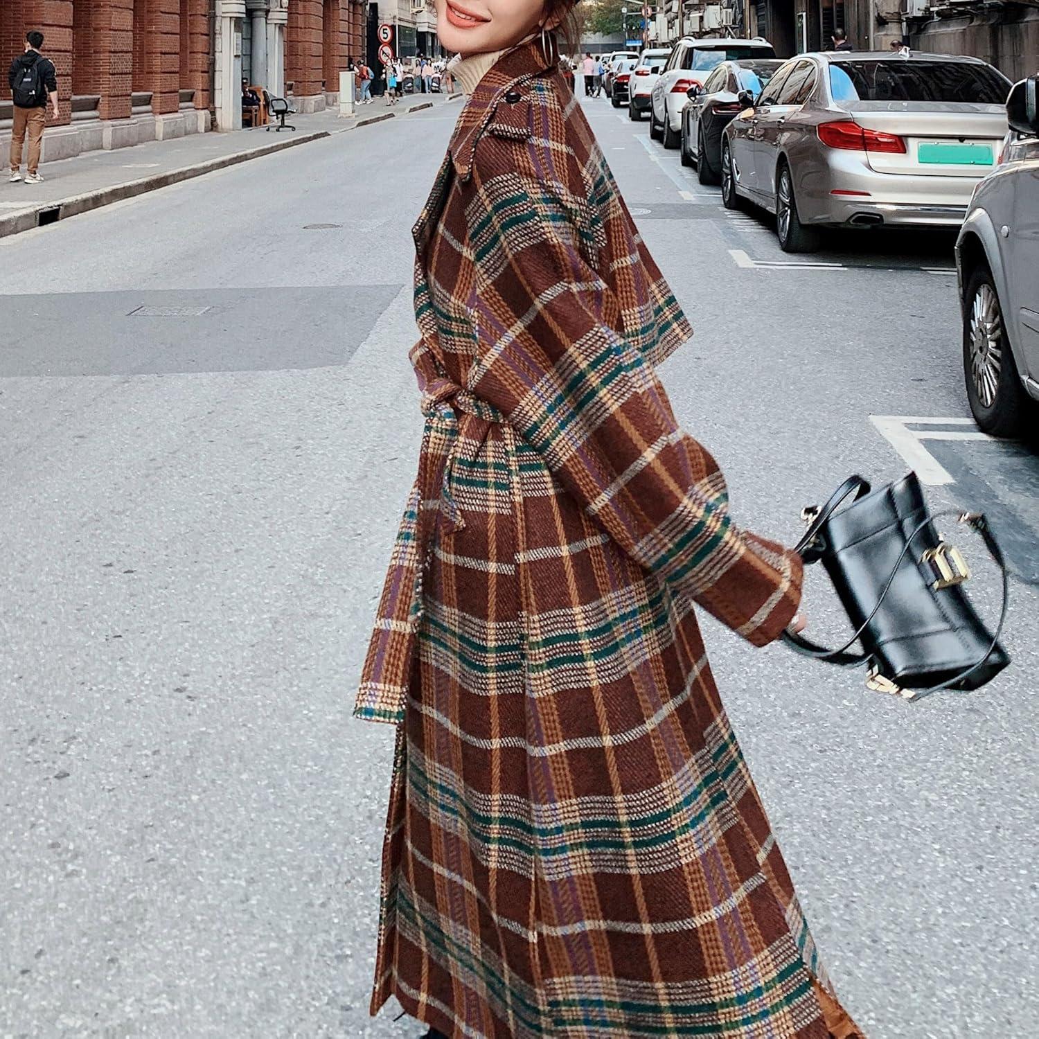 imagechouyatou Womens Plaid Button Down Wool Coat Notch Lapel Overcoat Winter Long Trench Coat with BeltBrown Red