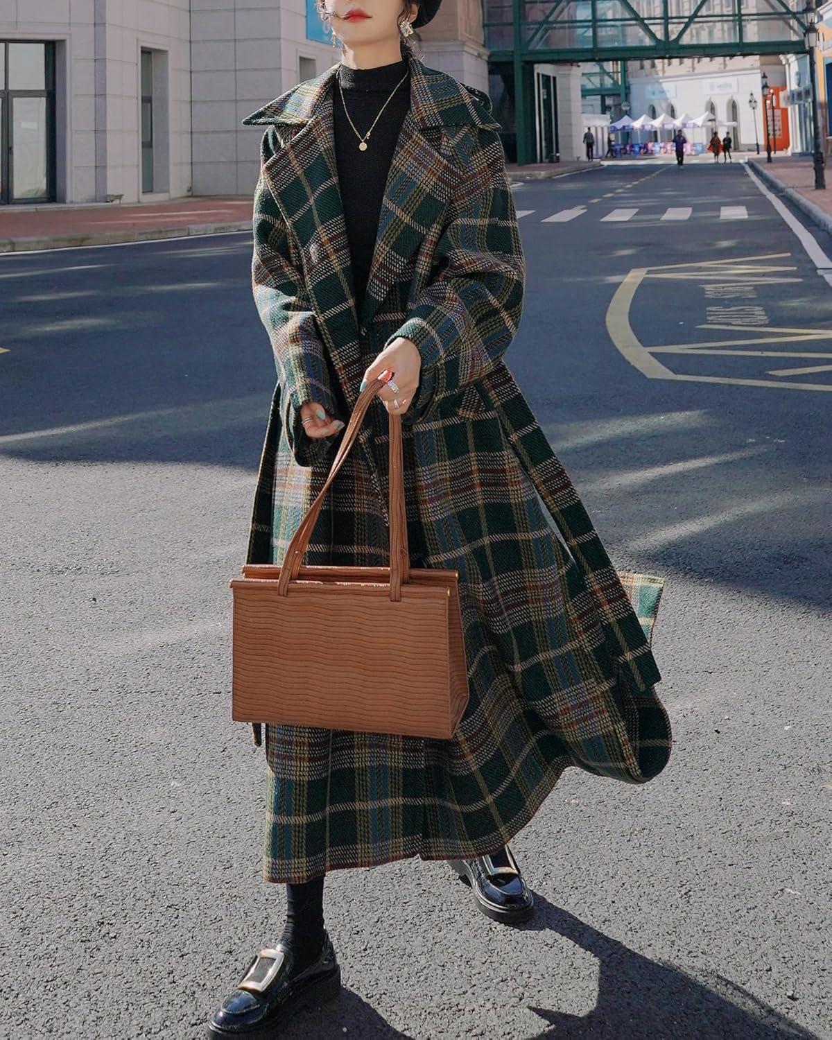 imagechouyatou Womens Plaid Button Down Wool Coat Notch Lapel Overcoat Winter Long Trench Coat with BeltGreen
