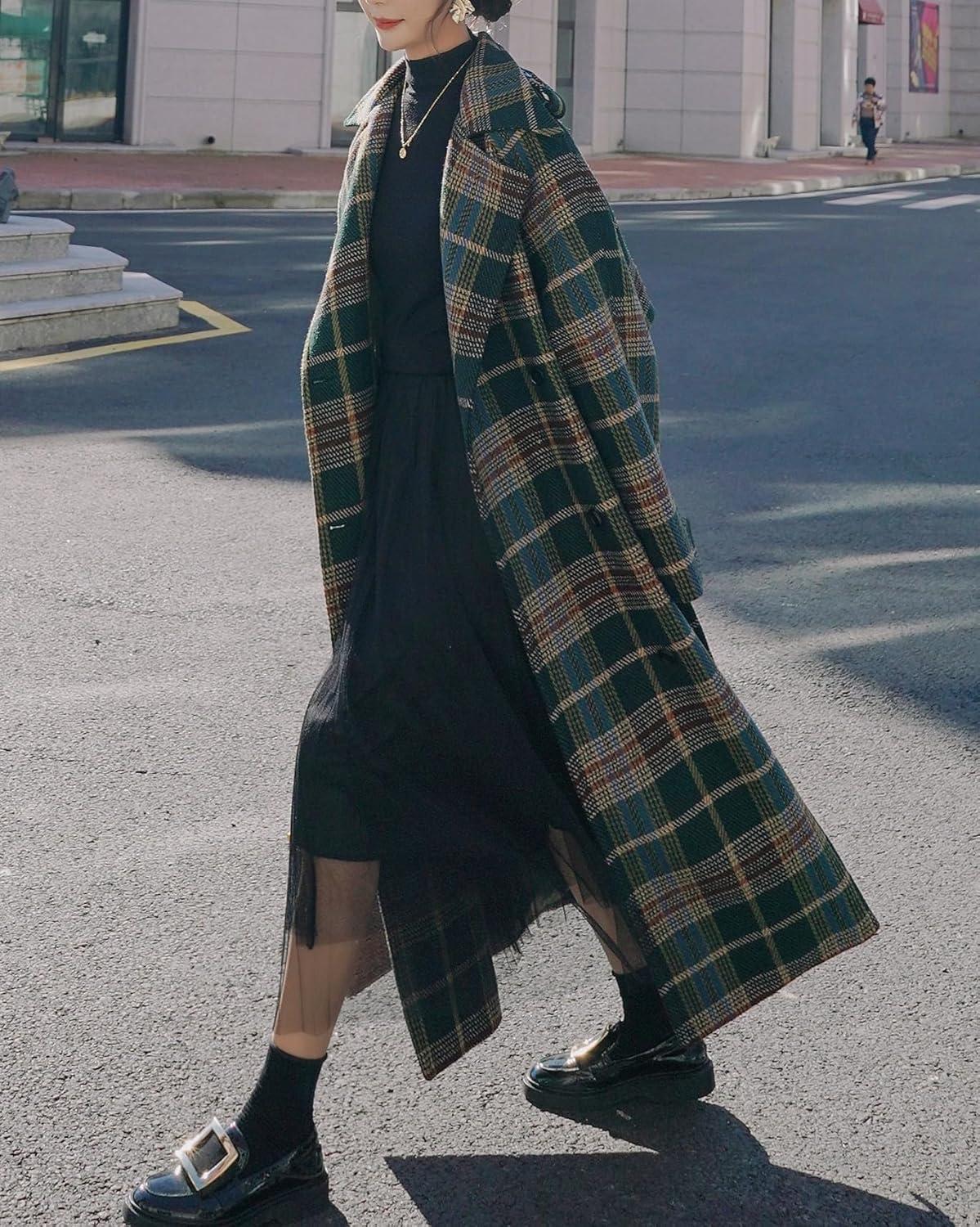 imagechouyatou Womens Plaid Button Down Wool Coat Notch Lapel Overcoat Winter Long Trench Coat with BeltGreen