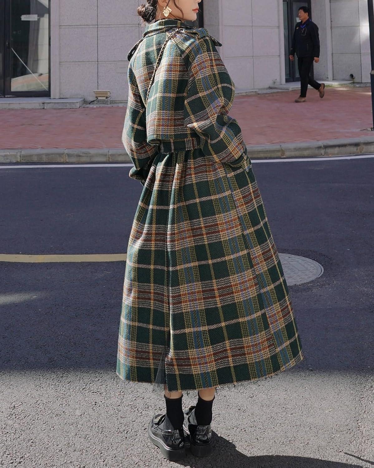 imagechouyatou Womens Plaid Button Down Wool Coat Notch Lapel Overcoat Winter Long Trench Coat with BeltGreen