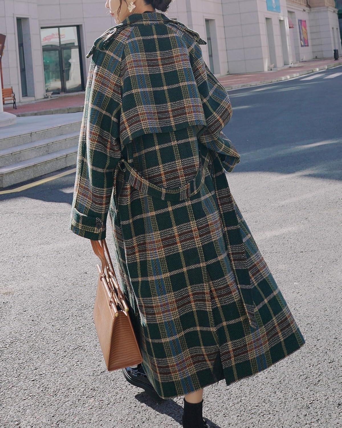 imagechouyatou Womens Plaid Button Down Wool Coat Notch Lapel Overcoat Winter Long Trench Coat with BeltGreen