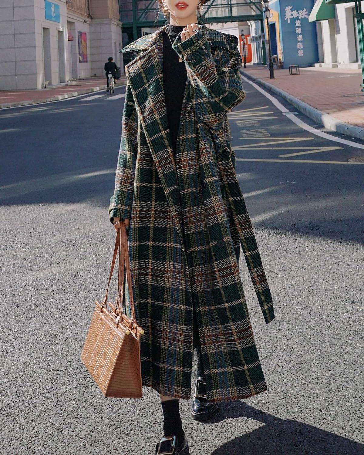 imagechouyatou Womens Plaid Button Down Wool Coat Notch Lapel Overcoat Winter Long Trench Coat with BeltGreen