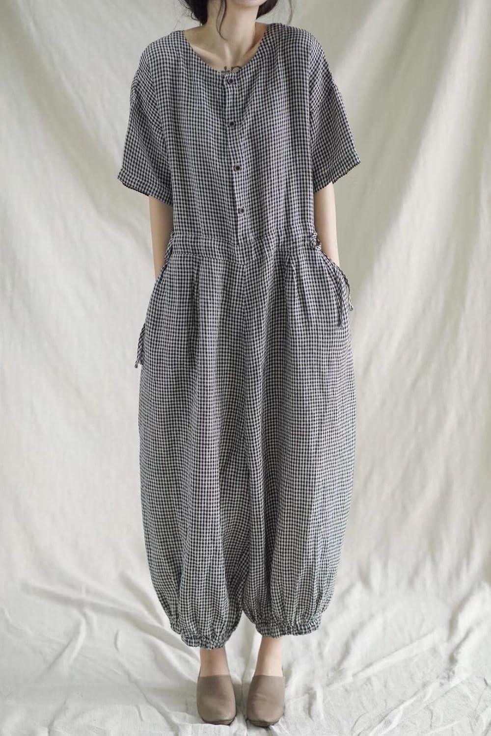 imagechouyatou Womens Plaid Button Up Wide Leg Romper Pants Loose Fit Short Sleeve Long Jumpsuit Overalls with PocketsBlack