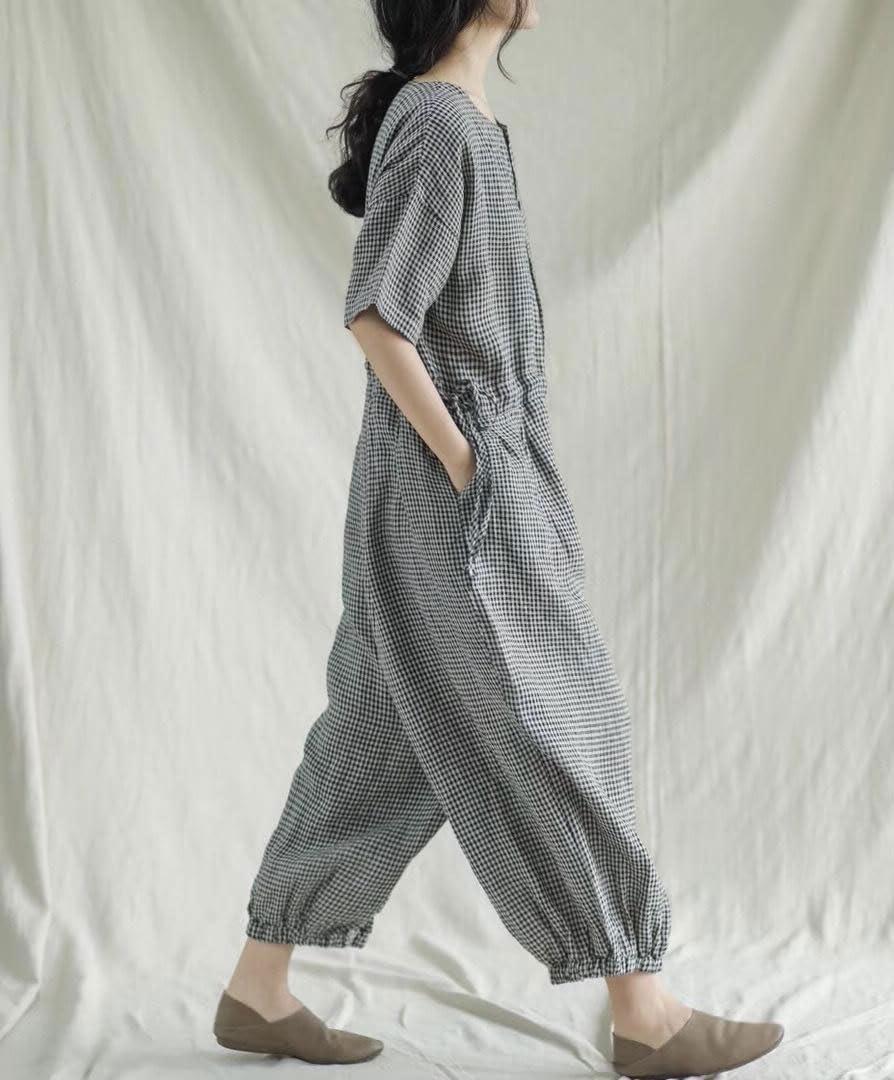 imagechouyatou Womens Plaid Button Up Wide Leg Romper Pants Loose Fit Short Sleeve Long Jumpsuit Overalls with PocketsBlack