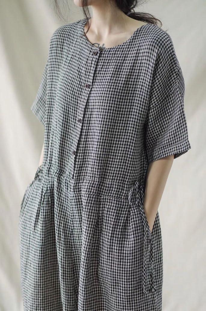 imagechouyatou Womens Plaid Button Up Wide Leg Romper Pants Loose Fit Short Sleeve Long Jumpsuit Overalls with PocketsBlack
