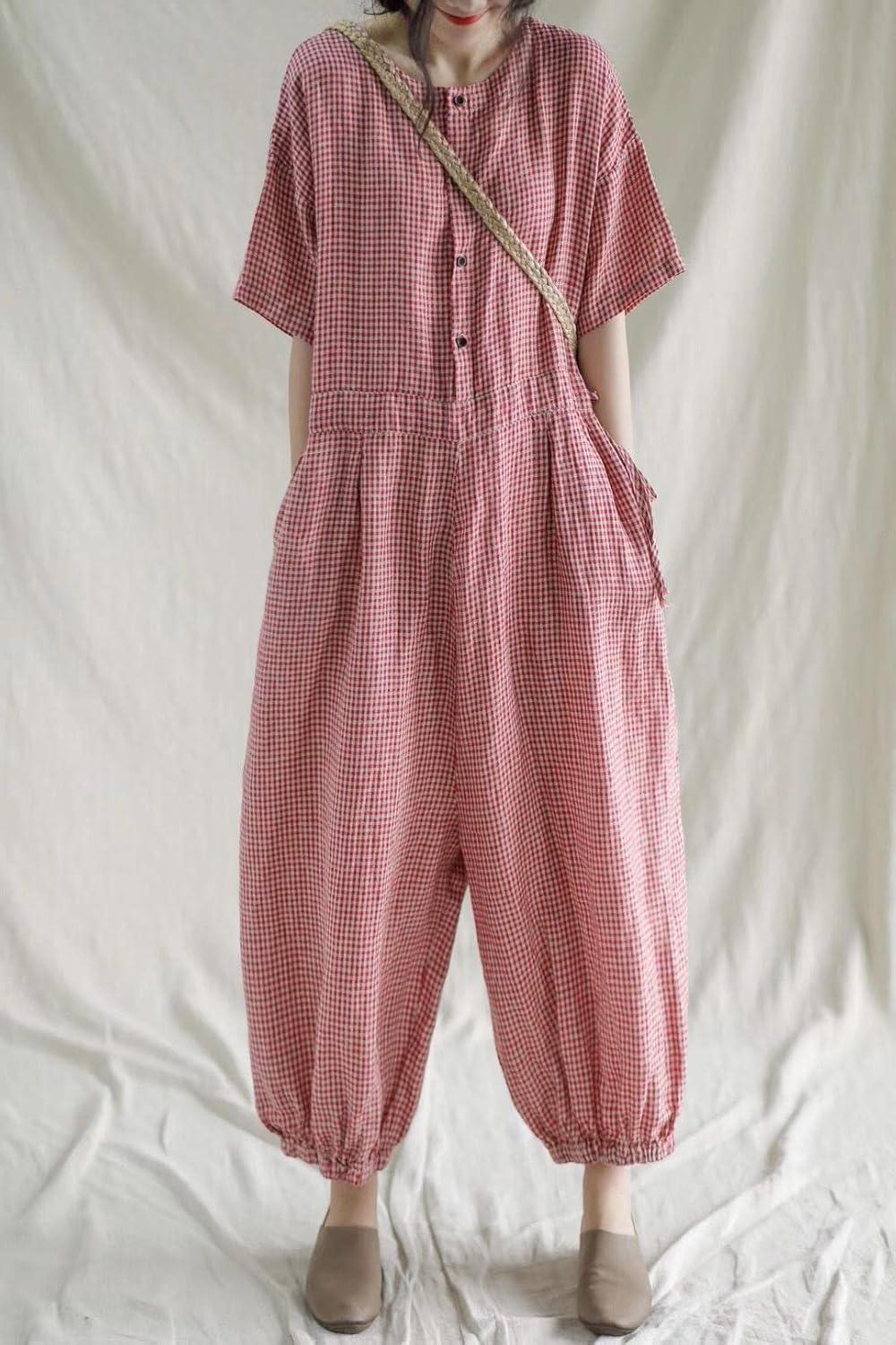 imagechouyatou Womens Plaid Button Up Wide Leg Romper Pants Loose Fit Short Sleeve Long Jumpsuit Overalls with PocketsRed