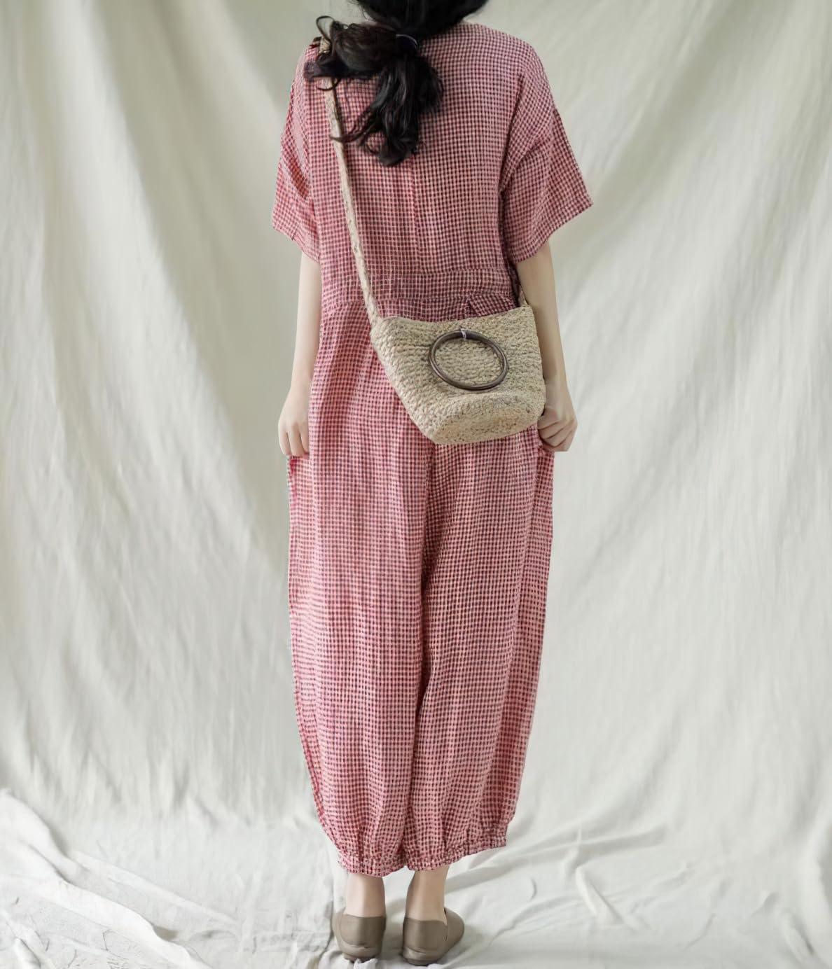 imagechouyatou Womens Plaid Button Up Wide Leg Romper Pants Loose Fit Short Sleeve Long Jumpsuit Overalls with PocketsRed