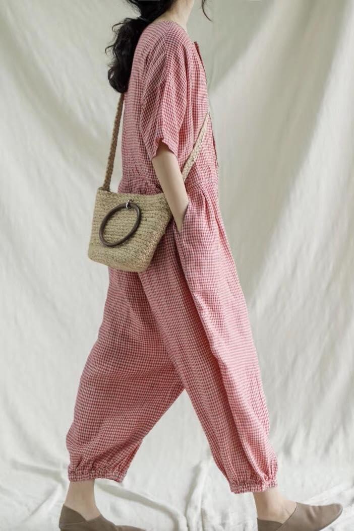 imagechouyatou Womens Plaid Button Up Wide Leg Romper Pants Loose Fit Short Sleeve Long Jumpsuit Overalls with PocketsRed