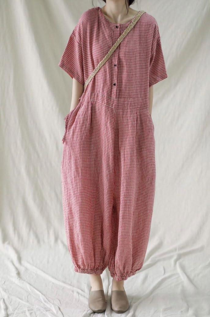 imagechouyatou Womens Plaid Button Up Wide Leg Romper Pants Loose Fit Short Sleeve Long Jumpsuit Overalls with PocketsRed