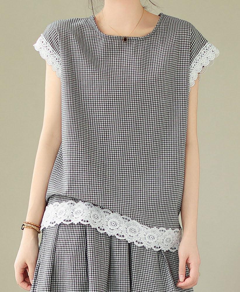 imagechouyatou Womens Plaid Cotton Linen 2 Piece Outfits Contrast Lace Tank Top Wide Leg Capri Culotte Pants Matching SetPlaid Black