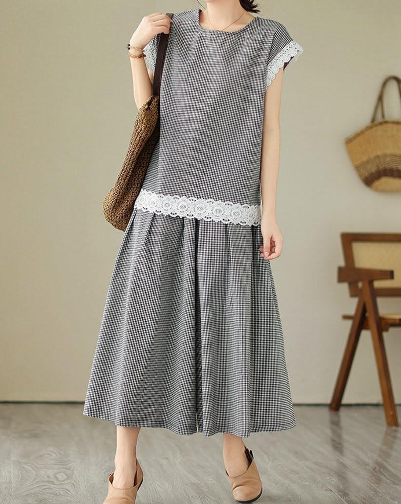 imagechouyatou Womens Plaid Cotton Linen 2 Piece Outfits Contrast Lace Tank Top Wide Leg Capri Culotte Pants Matching SetPlaid Black