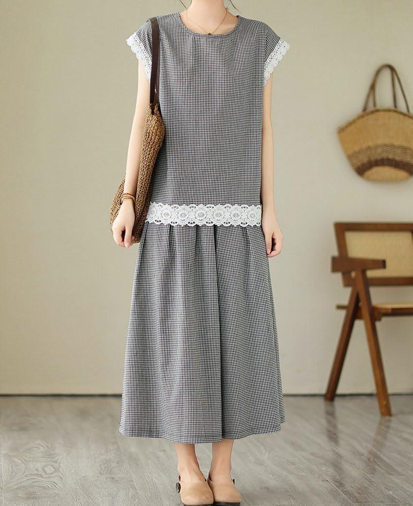 imagechouyatou Womens Plaid Cotton Linen 2 Piece Outfits Contrast Lace Tank Top Wide Leg Capri Culotte Pants Matching SetPlaid Black