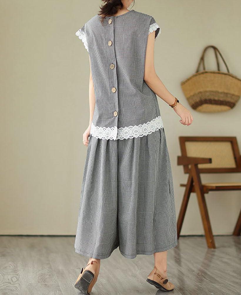 imagechouyatou Womens Plaid Cotton Linen 2 Piece Outfits Contrast Lace Tank Top Wide Leg Capri Culotte Pants Matching SetPlaid Black