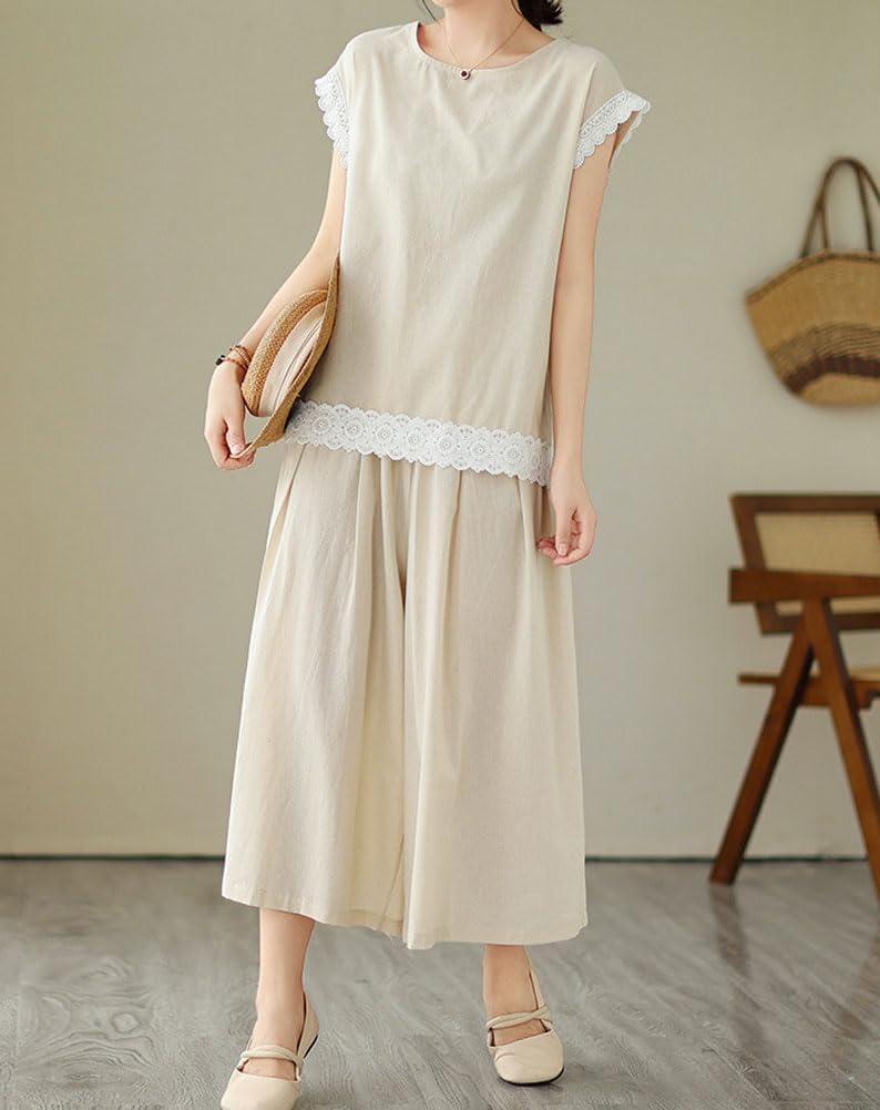 imagechouyatou Womens Plaid Cotton Linen 2 Piece Outfits Contrast Lace Tank Top Wide Leg Capri Culotte Pants Matching SetSolid Apricot