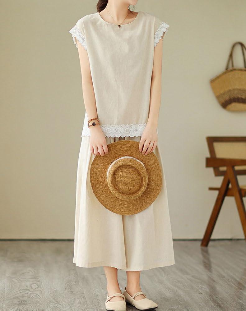 imagechouyatou Womens Plaid Cotton Linen 2 Piece Outfits Contrast Lace Tank Top Wide Leg Capri Culotte Pants Matching SetSolid Apricot