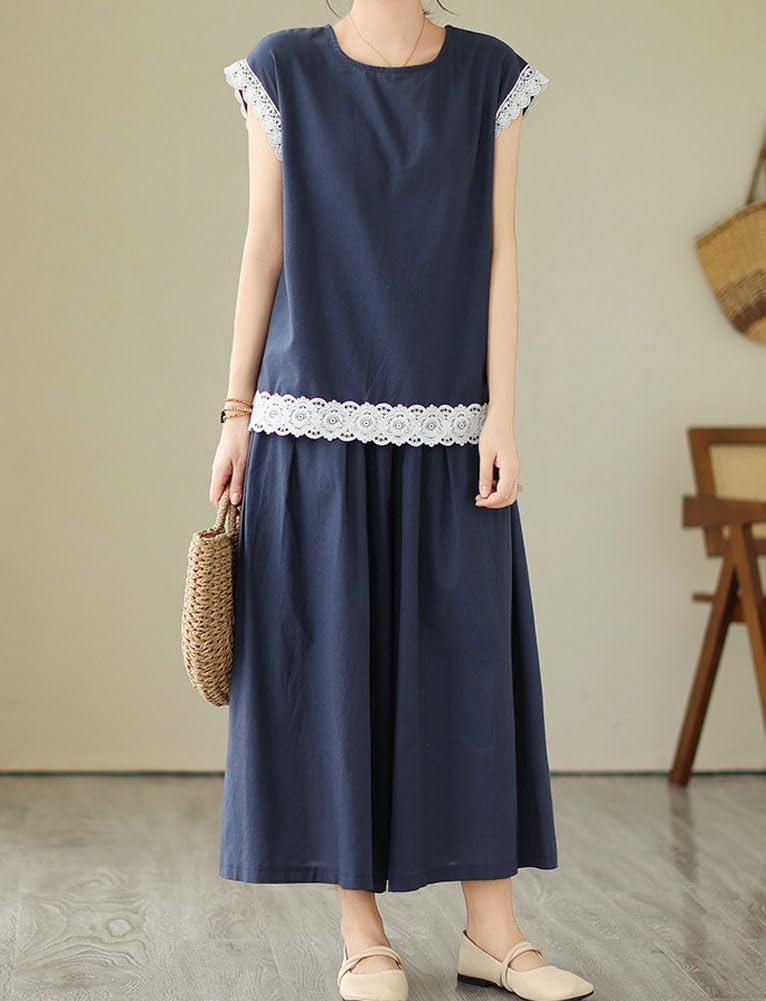 imagechouyatou Womens Plaid Cotton Linen 2 Piece Outfits Contrast Lace Tank Top Wide Leg Capri Culotte Pants Matching SetSolid Navy