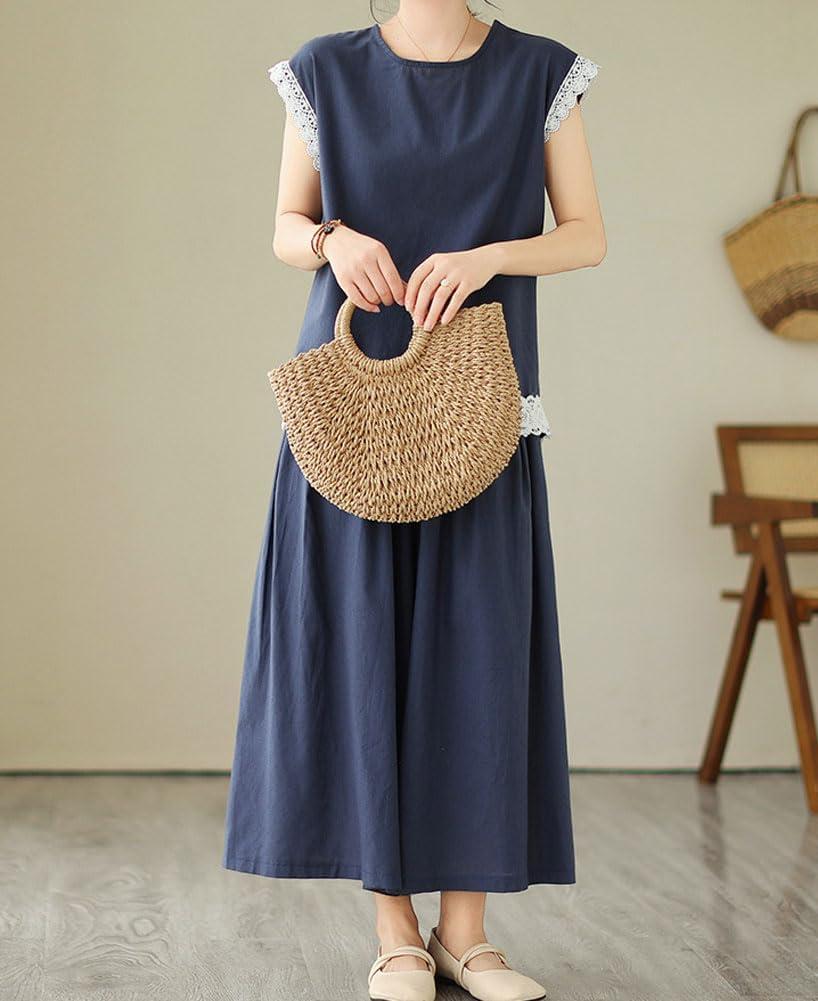 imagechouyatou Womens Plaid Cotton Linen 2 Piece Outfits Contrast Lace Tank Top Wide Leg Capri Culotte Pants Matching SetSolid Navy