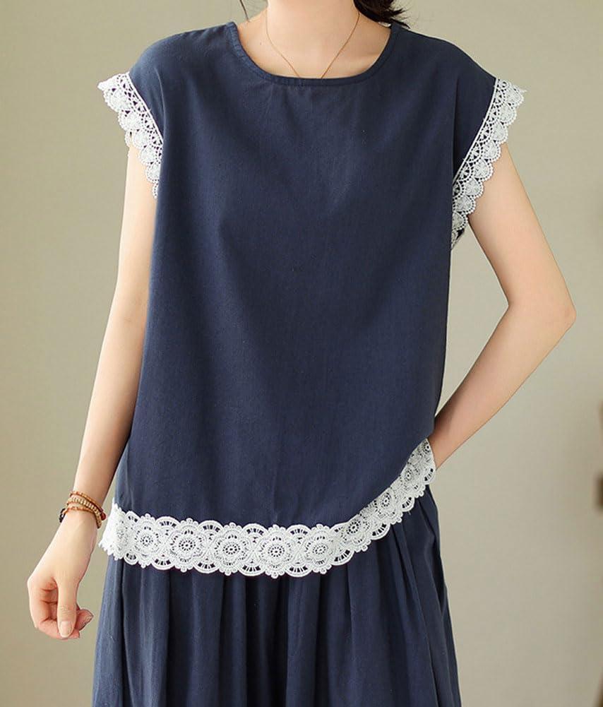 imagechouyatou Womens Plaid Cotton Linen 2 Piece Outfits Contrast Lace Tank Top Wide Leg Capri Culotte Pants Matching SetSolid Navy